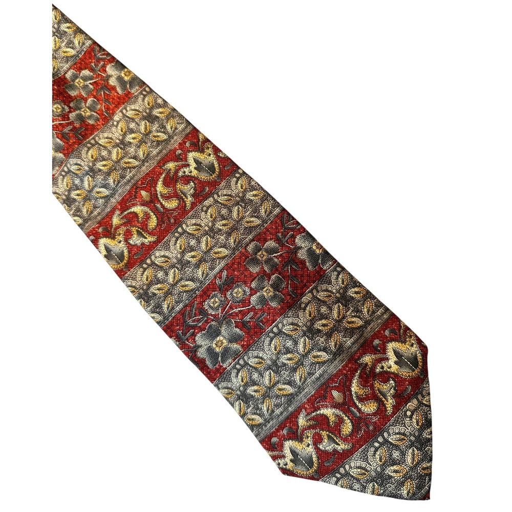 Etienne Aigner Mens Silk Tie Burgundy Gray Gold Floral Stripe Band Print
